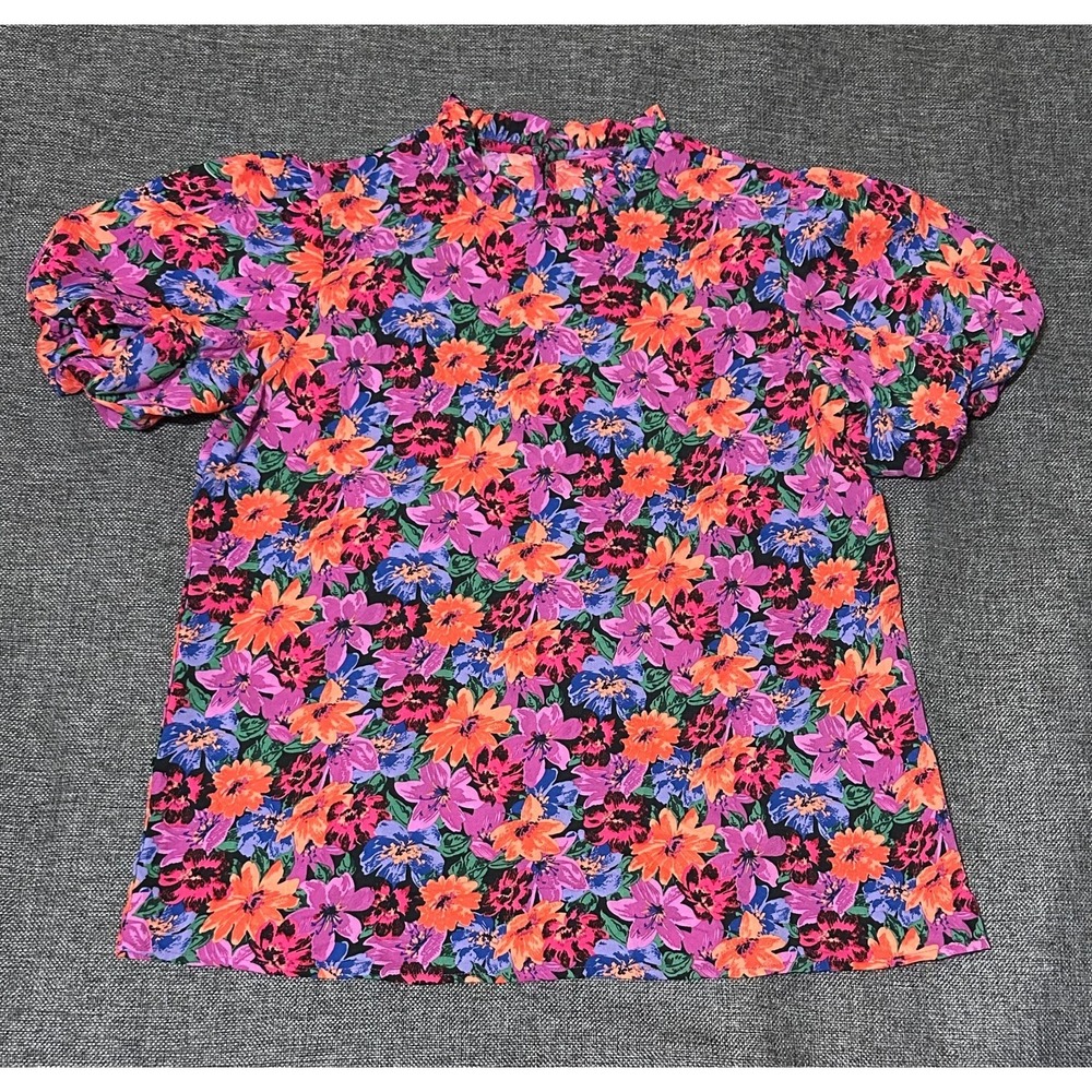 Unbranded Women's L Multicolor Floral Print Round Neck Puff Sleeve Blouse‎